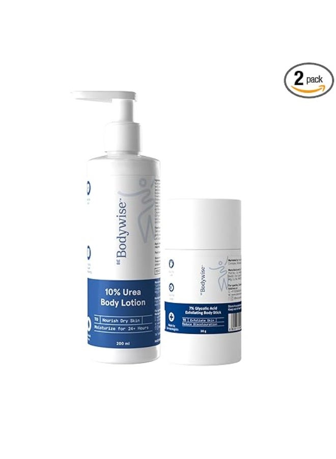 Bodywise Be Bodywise 7% Glycolic Acid Body Stick 30g & 10% Urea Body Lotion 200ml | Deep Hydration & Gentle Exfoliation | Smoothens Rough Skin, Reduces Bumps & Ingrown Hair | For Dry, Flaky & Textured Skin - Image 1